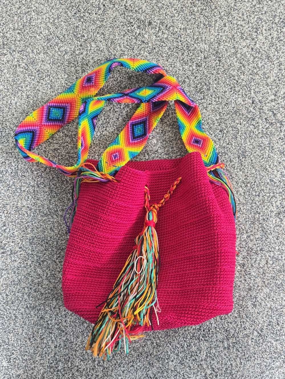 Wayuu Mochila Bag Fuchsia Pink Rainbow Large Crochet Crossbody Boho Shoulder Bag